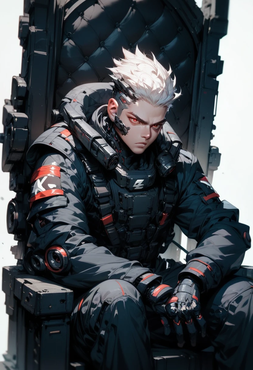 (score_9, score_8_up, score_7_up), zPDXL, 1 boy, alone, three-quarter profile, sitting on a simple throne, black iron throne, black combat suit, left eye with a black stripe from forehead to cheekbone, background, sitting with the cloths on the rests, eyes darkened by the shadow of his eyebrows, white hair, hair with spiked hairstyle, cyberpunk, serious and thoughtful face, intimidating, simple background, black suit covers his entire body, white background with cables falling down, adult male, looking at the ground, dark aura,