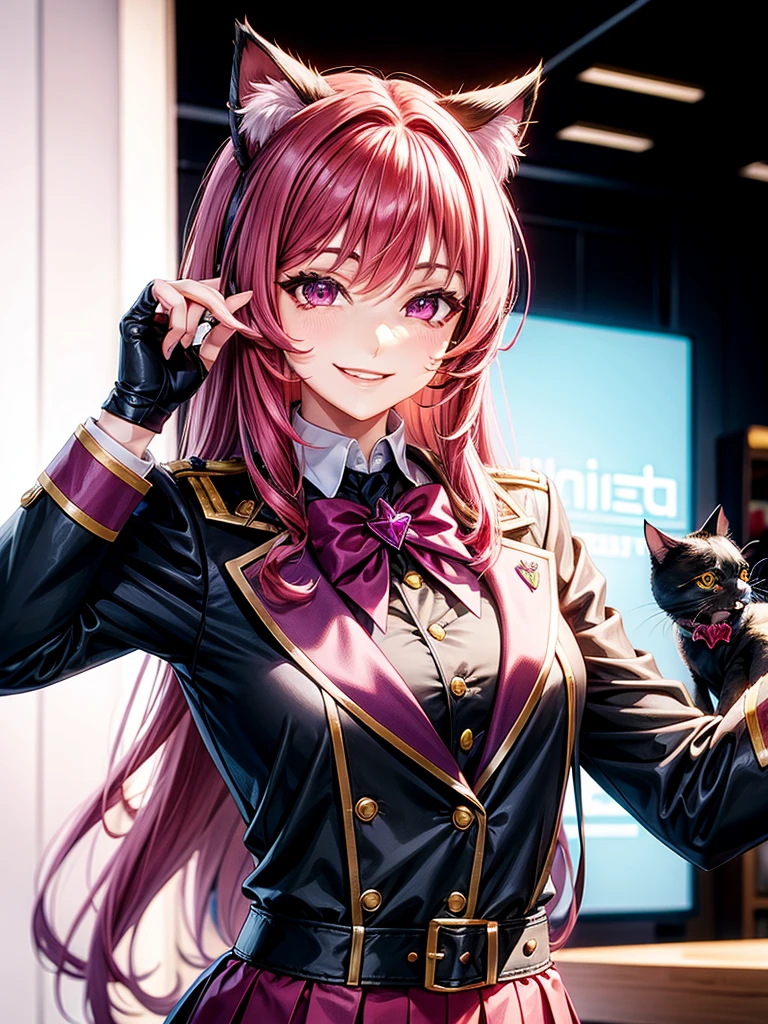 Magenta hair, hazel eyes, older woman, uniform clothes, hair jewel ornament, cat ears, long hair, smiling face, background 