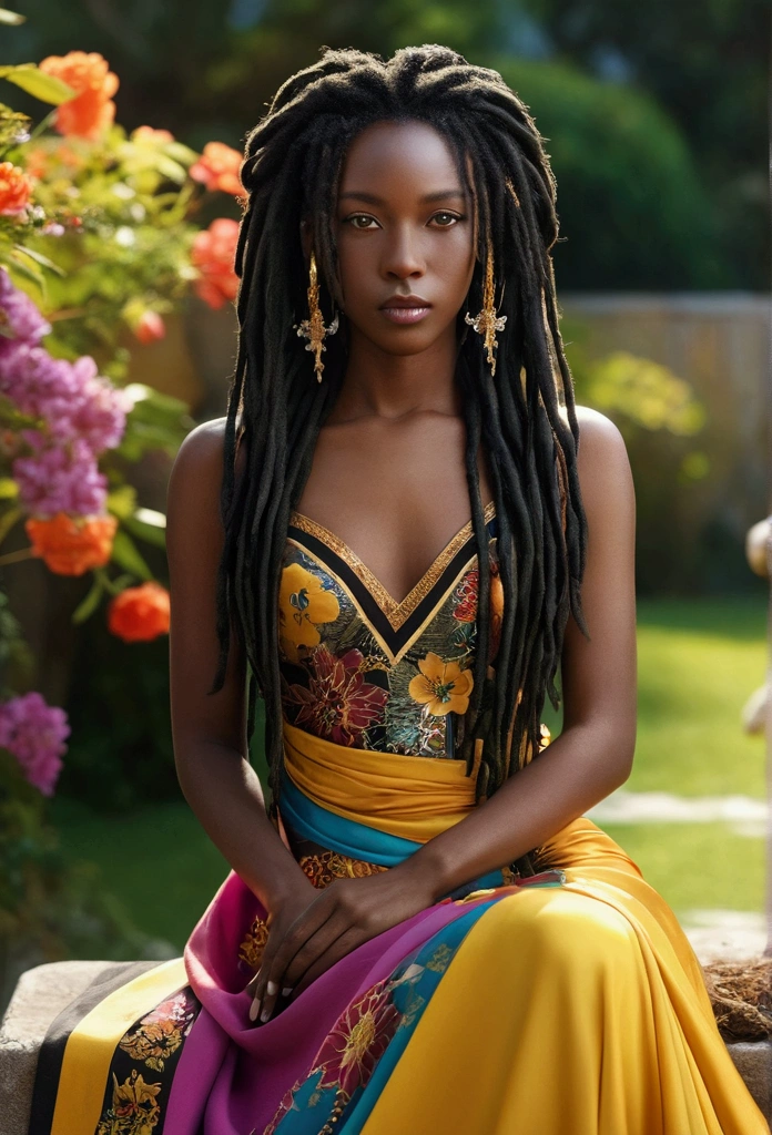 (girl,woman,woman) and (black檀,black) (skin,complexion) and (length, Flowing) (black, dark) (Dreadlocks, hair), (美しい細部まinこだわった目,Beautiful lip detail,extremely detailed eyes and face,lengtheyelashes). she (standing,Sitting) in (wealthy, Vibrant) Enclosed garden (colorful, flowering) Flowers. she wearing a (colorful, Flowing) dress, and her (elegant, elegant) posture exudes confidence and (womanらしさ, strength). The sunlight shines gently on her face, casting a soft and (warm,Golden) Shine. The scene is (Realistic,photoRealistic:1.37) and (Highest quality,High resolution), and (Vivid,rich) colors and (sharp,Defined) detailed.