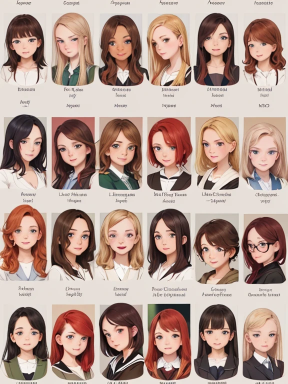 (Best quality, masterpiece), group photo of eight very different beautiful students, different emotions, Free postures, Different hair colors(among them there is always 1 redhead, 3 blondes, 2 brown-haired and 2 brunettes), different hairstyles, different hair lengths, different eye colors, Different physiques, there is always one brunette Asian, graduation photo album