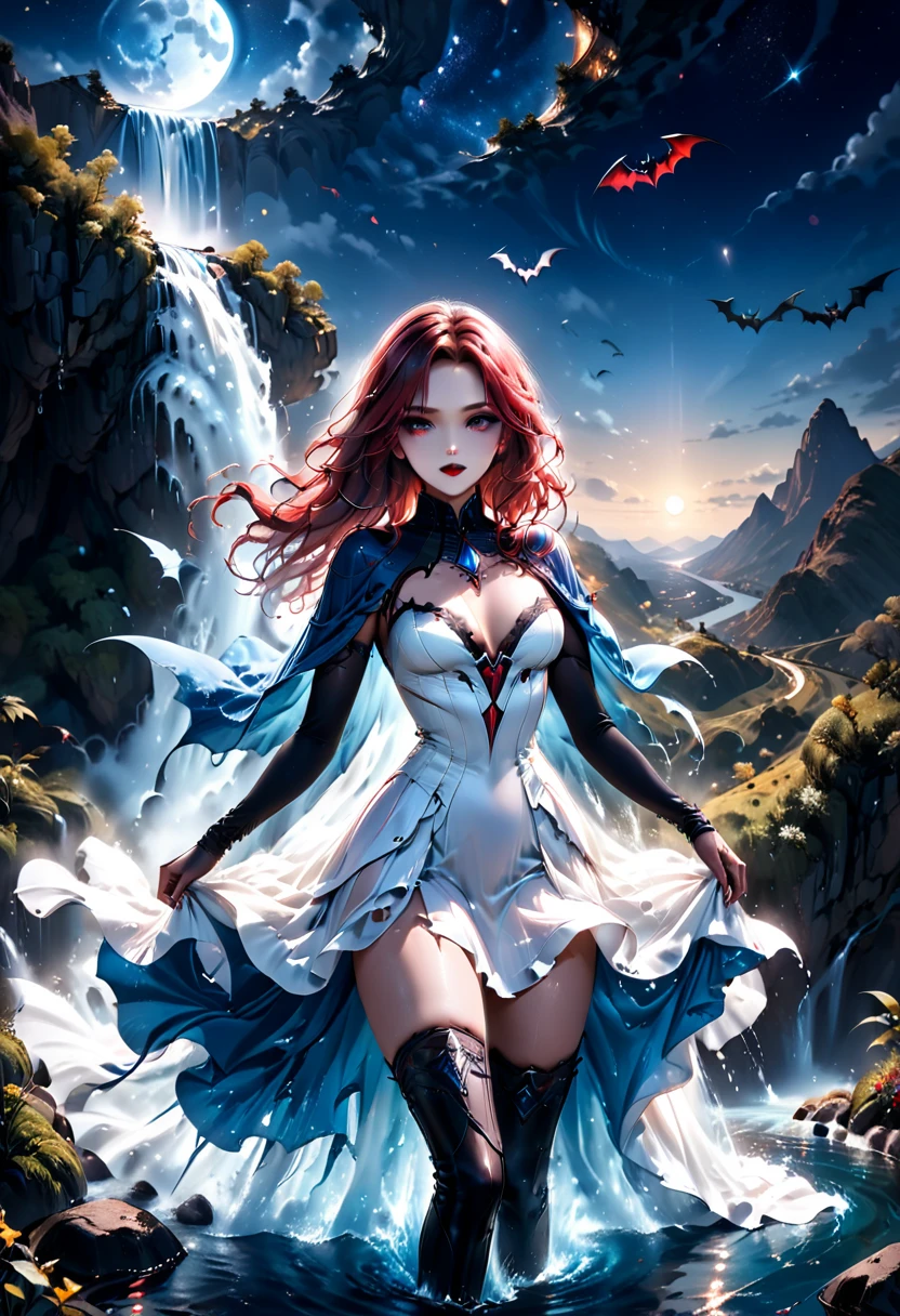 a picture of an exquisite beautiful female vampire standing under the starry night sky at the base of the waterfall, dynamic angle (ultra detailed, Masterpiece, best quality), ultra feminine, (black skin: 1.3),  dynamic hair color, wavy hair, dynamic eyes color, cold eyes, glowing eyes, intense eyes, dark red lips, wearing white dress (ultra detailed, Masterpiece, best quality), wearing blue cloak (ultra detailed, Masterpiece, best quality), long cloak, flowing cloak (ultra detailed, Masterpiece, best quality), wearing high heeled boots,  water coming down from a mountain, multi level water falls, several pools created in different levels, forming new waterfalls, water cascading into a pool steam rising, clear water in many hues of blue and azure falling, ultra best realistic, best details, best quality, 16k, [ultra detailed], masterpiece, best quality, (extremely detailed), ultra wide shot, photorealism, depth of field, hyper realistic painting, sky full of stars background, moon, bats flying about, high details, best quality, 8k, [ultra detailed], masterpiece, best quality, (ultra detailed), full body, ultra wide shot, photorealism, dark fantasy art, dark fantasy art, gothic art, many stars, dark fantasy art, gothic art, sense of dread, Intense gaze, magical sky