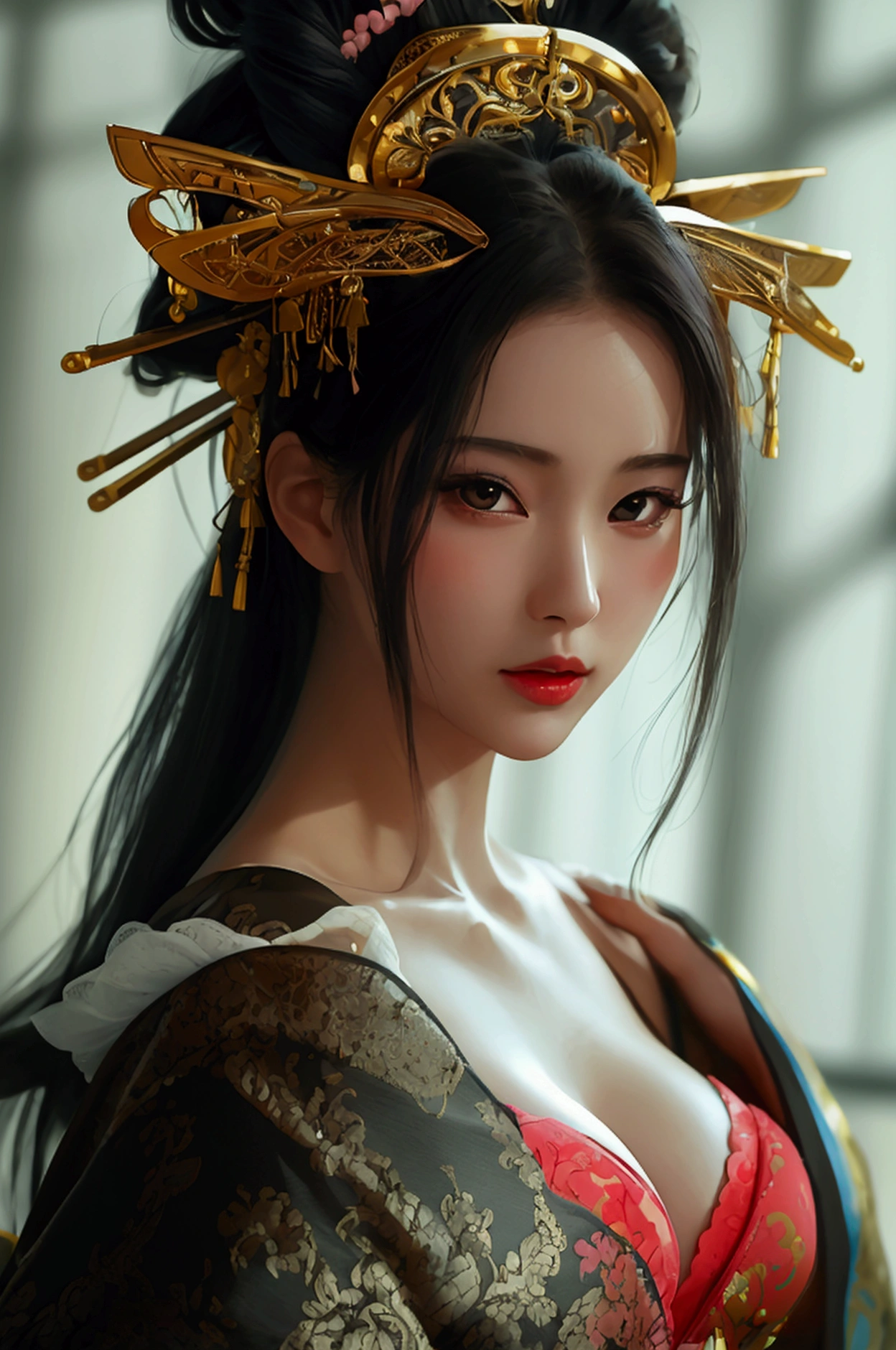 Create an image of a beautiful woman wearing a sexy Japanese princess outfit., The see-through fabric is so thin that the wearer's nipples and skin can be seen., She can spread her legs wide to show off her genitals., She has a slim face., sharp eyes, long hair, responsive face, high nose, and thin lips, Her breasts are 32 inches long with pink nipples., Her waist is 24 inches., Her hips are 33 inches., Her skin was bright and white., She has light brown hair., And her figure was slim and slightly muscular..