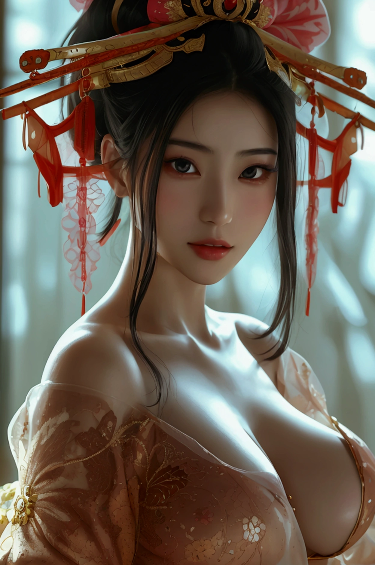 Create an image of a beautiful woman wearing a sexy Japanese princess outfit., The see-through fabric is so thin that the wearer&#39;s nipples and skin can be seen., She can spread her legs wide to show off her genitals., She has a slim face., sharp eyes, long hair, responsive face, high nose, and thin lips, Her breasts are 32 inches long with pink nipples., Her waist is 24 inches., Her hips are 33 inches., Her skin was bright and white., She has light brown hair., And her figure was slim and slightly muscular..