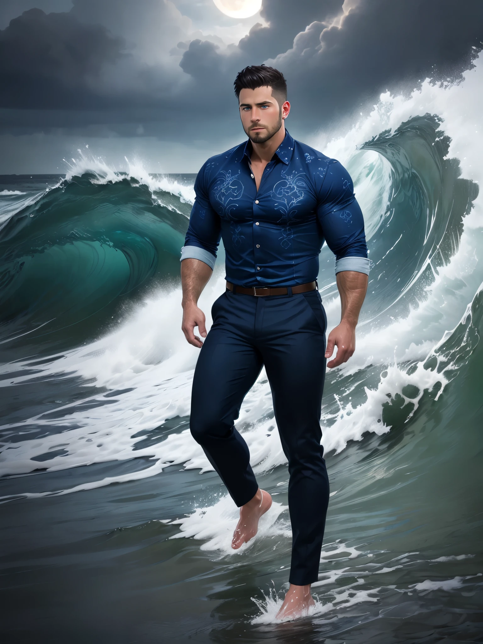 (Ocean greek god), hydromancer, muscular mature male, water magic, handsome, short beard, short hair, mystic, modern outfit, masterpiece, eye focus, best quality, anatomically correct, (((dark-blue royal shirt)), dark pants, intricate silver embroidery)), (walk on water: 1.15), water particles flying around, ocean, huge waves behind character, ((storm)), huge waves around character, night, night sky, mystic, moon, dark hair,
