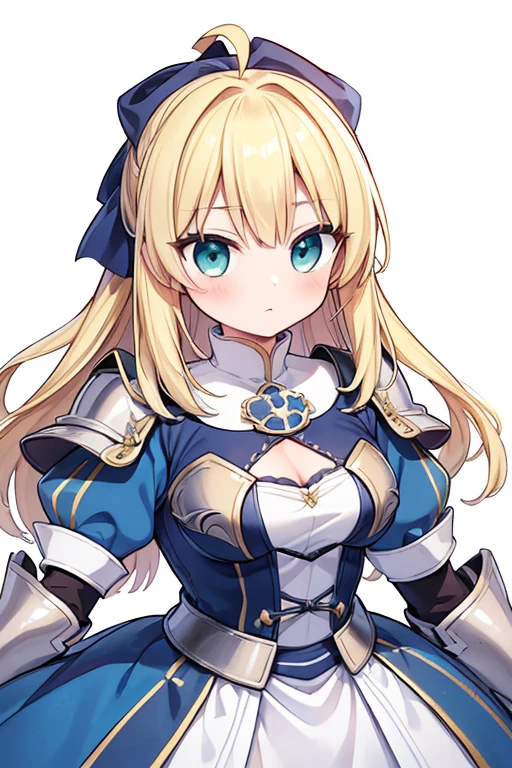 (work of art:1.2), (absurderes), (face detailed),(detailedeyes), (best qualityer) (Traditional media:1.2)  , (White background), trunk, (unexpressive),  artoria_pendragon_(Destiny), sabias, armors, hair blonde, gauntlets, greeneyes, hair ribbon, armorsed dress, Ahoge, blue dress,