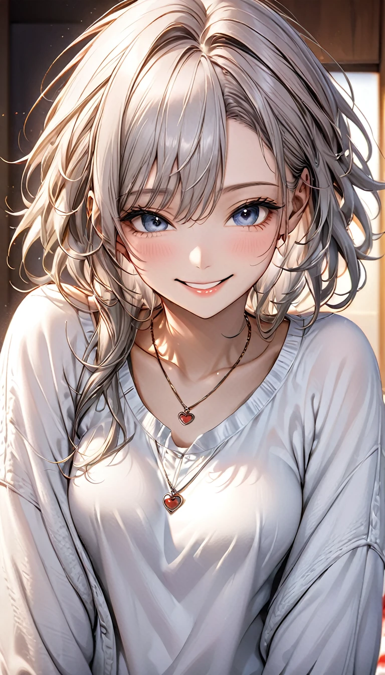 cute woman, amorous and lewd face, big cute smile, messy hair, great proportion, wearing loose white shirt and casual loungewear, necklace, (ultra detailed, absolutely resolution, best quality:1.3), 2.5D, delicate and dynamic, shading effects, hyper realistic, artistic photography, graphic CG digital art