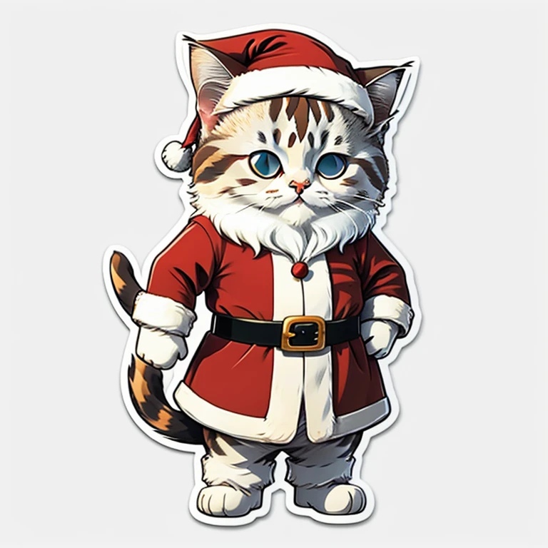 Cute cartoon sticker of a cat dressed as Santa Claus costume, cute, kawaii, white background