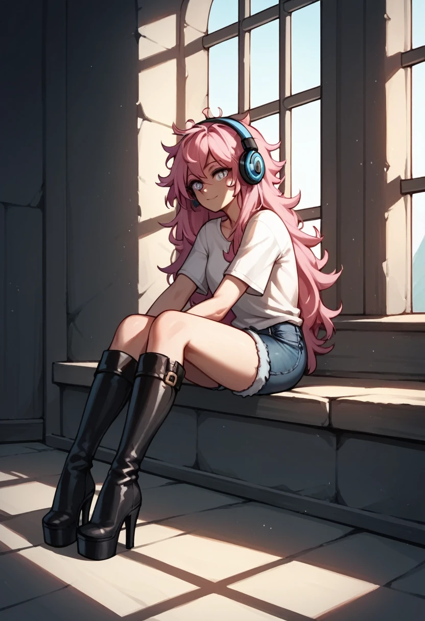 score_9, score_8_up, score_7_up, score_6_up, score_5_up, score_4_up, source_anime, 1woman, sit, pink hair, long hair, white eyes, croosed legs, messy hair, white shirt, jeans shorts, black thigh high boots, platforms, heels, day, windows, headphones, dungeon, best quality, best res, 4K UHD,
 