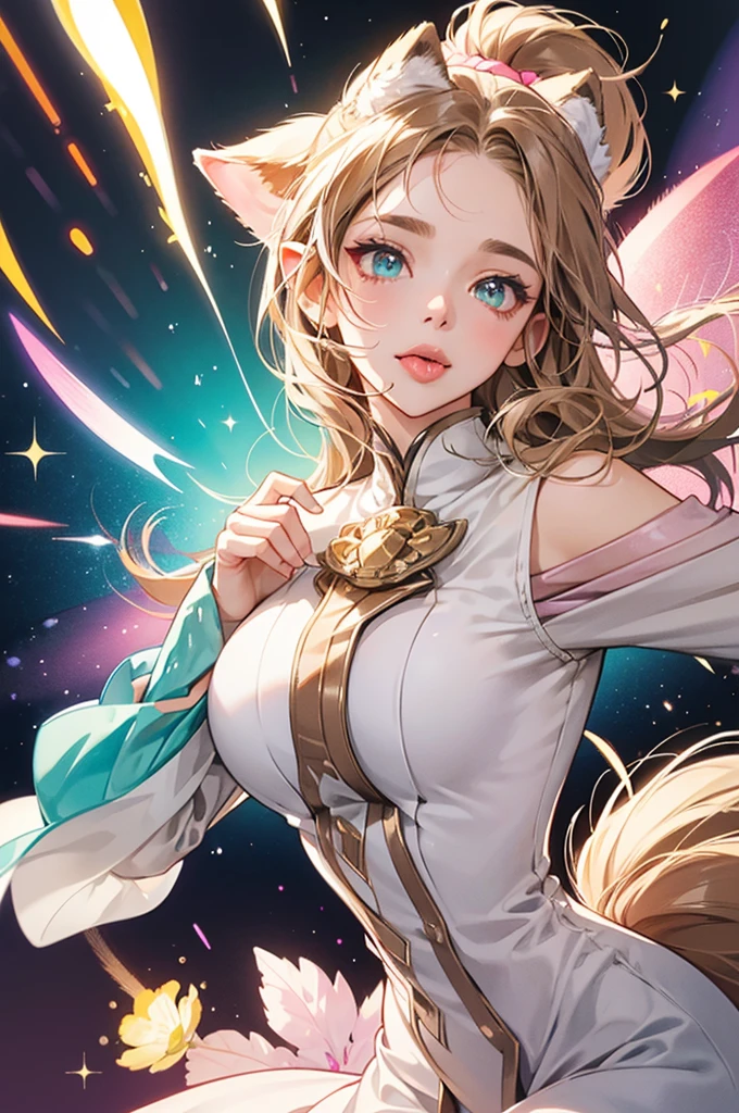 light brown with a white mark around her mouth, between her eyes,. She has dark grayish cyan eyes, drop ears, a whisker on her forehead, and a pink tongue. She also has a tail that curves upwards. SPARKLE; GLITTER;