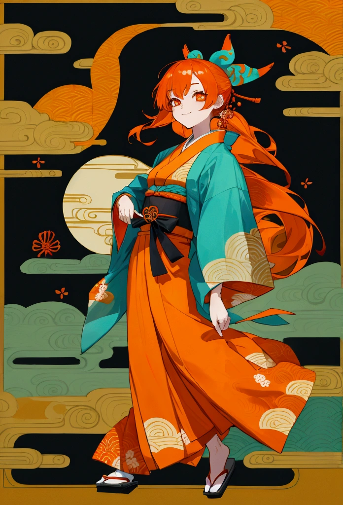 1 Orange hair girl wearing a turquoise kimono in a japanese festival, happy, orange eyes, fullbody image