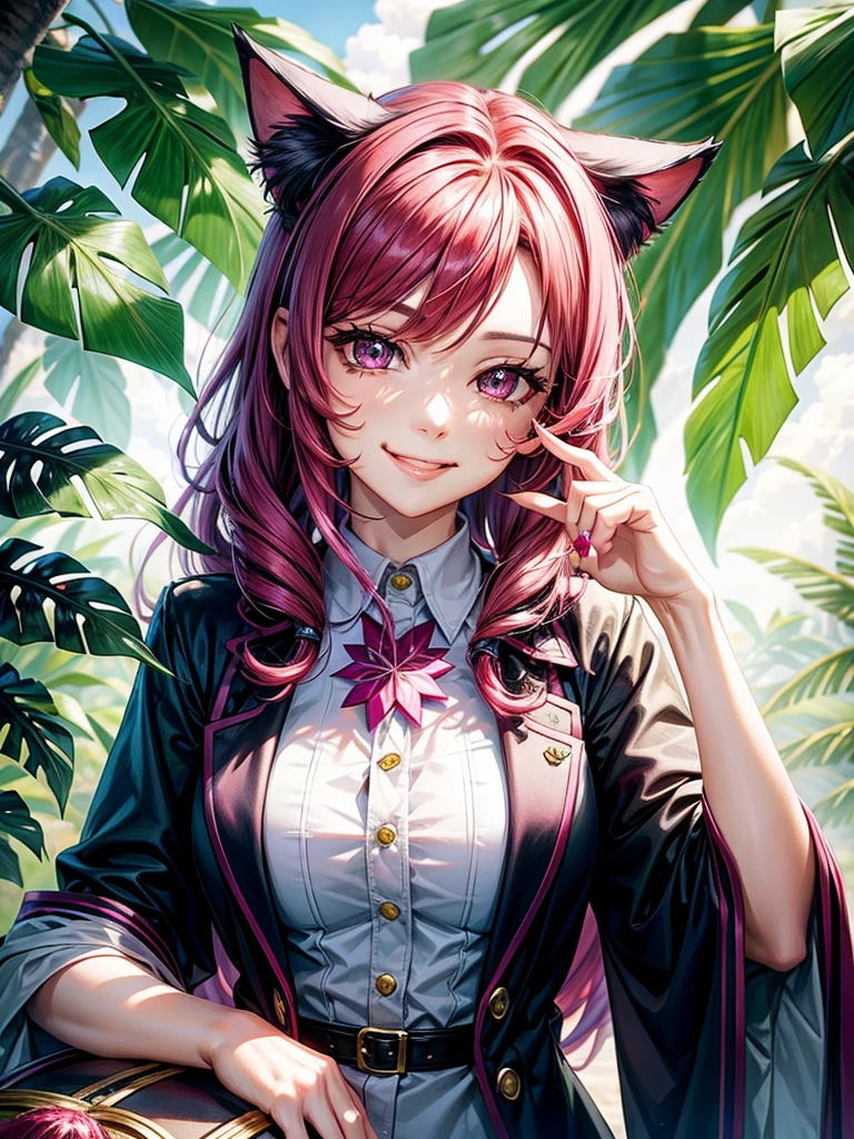 Magenta hair, hazel eyes, older woman, uniform clothes, hair jewel ornament, cat ears, long hair, smiling face, tropical background