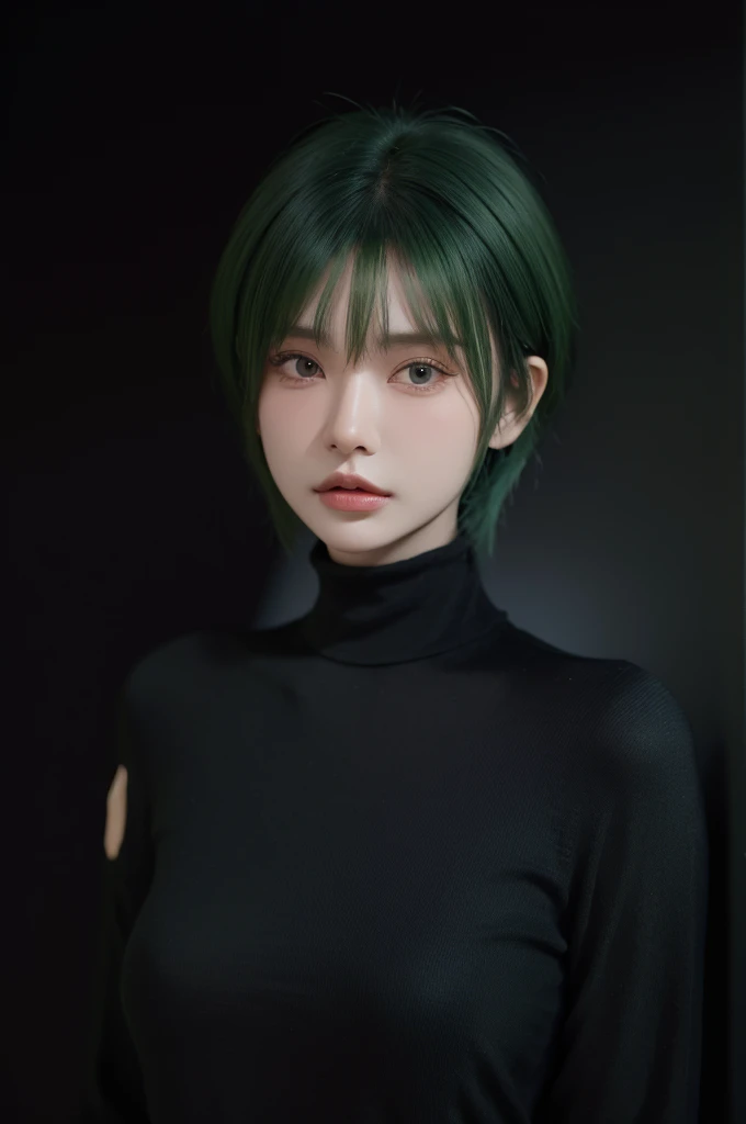 HDR, UHD,8K, nokiapretty,Turtleneck, (((black background 8k))), Medium Hush Cut hair, greenhair,