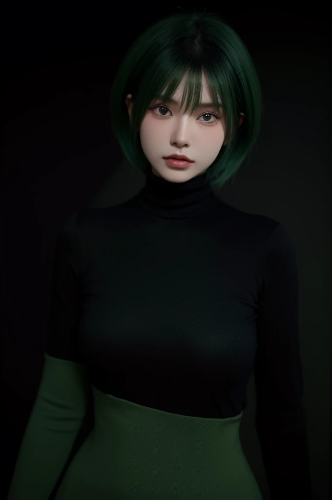 HDR, UHD,8K, nokiapretty,Turtleneck, (((black background 8k))), Medium Hush Cut hair, greenhair,