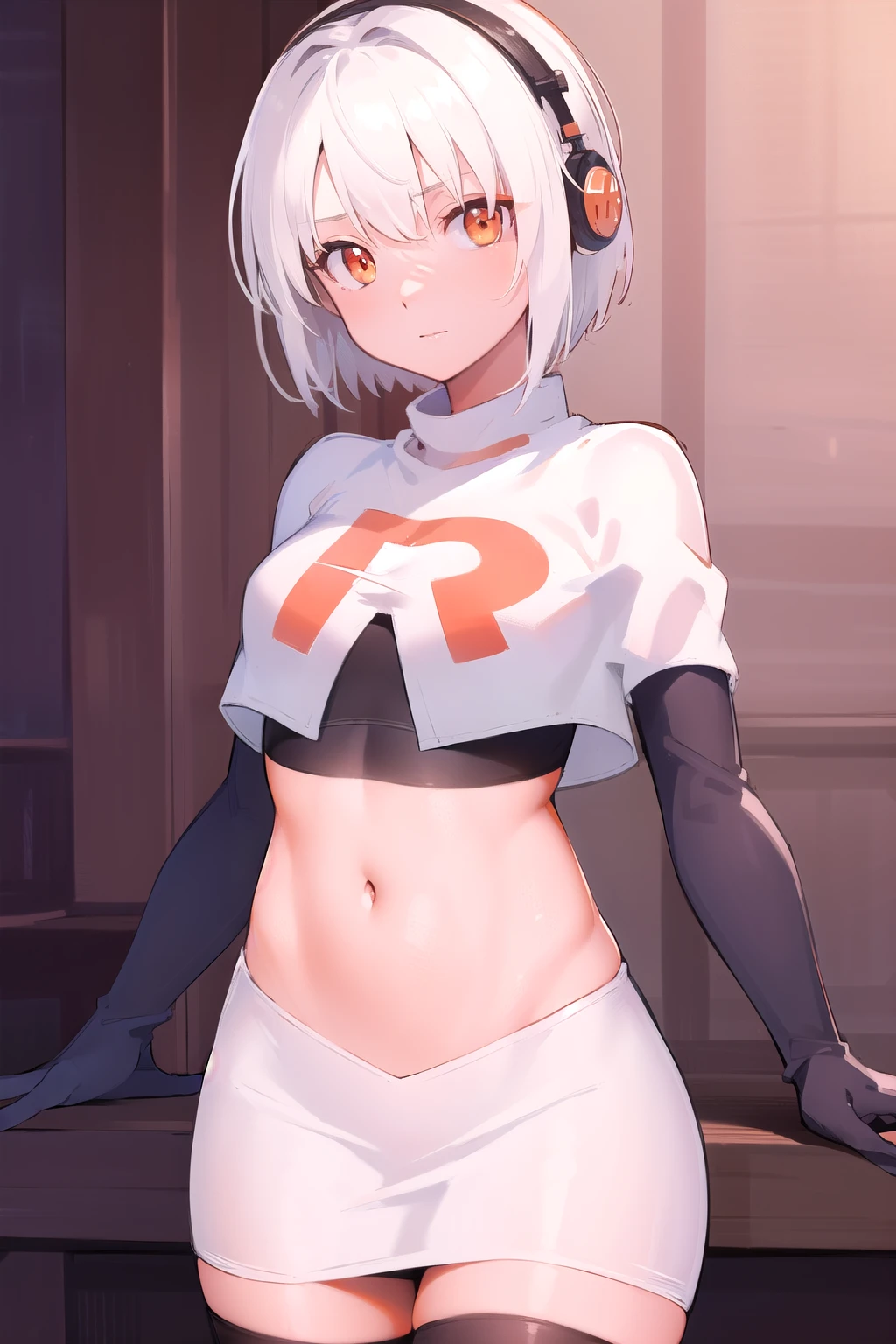 anbydemara, anby demara, (orange eyes:1.5), short hair, white hair,
BREAK, headphones, navel, stomach, team rocket,team rocket uniform,white skirt,red letter R,crop top,black thigh-highs,black elbow gloves,
BREAK looking at viewer, (cowboy shot:1.5),
BREAK (masterpiece:1.2), best quality, high resolution, unity 8k wallpaper, (illustration:0.8), (beautiful detailed eyes:1.6), extremely detailed face, perfect lighting, extremely detailed CG, (perfect hands, perfect anatomy),