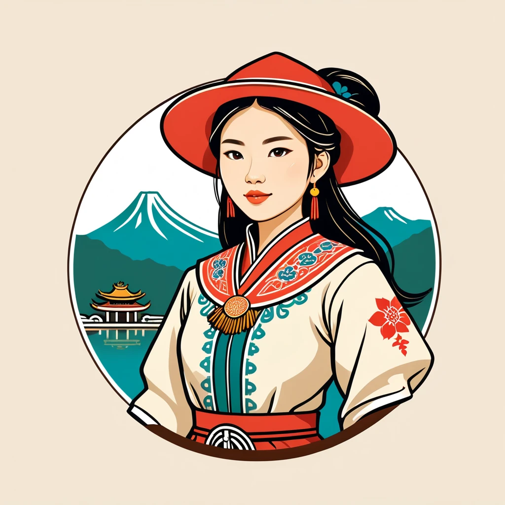 female pathfinder in taiwan folk outfit ,vector graphics, strong contours, logo design