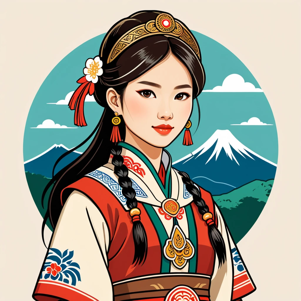female pathfinder in taiwan folk outfit ,vector graphics, strong contours, logo design