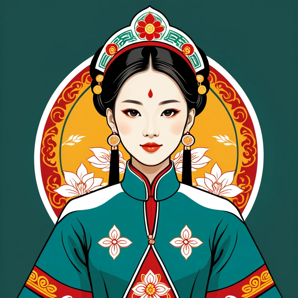 female	priest	in taiwan folk outfit	,vector graphics, strong contours, logo design																						