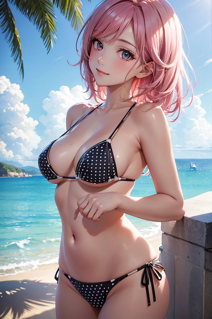 Best Quality,High resolution,8k,finelity detailed background,Masterpiece:1.2),beautiful girl,Shiny pink hair,messy hair,Pink eyes,Gentle look,A refreshing look,smile,Best quality,Best Quality,Aesthetic and aesthetic:1.2,Best details((Super detailed))(High-definition CG illustrations),string bikini,(polka monotone pattern dot bikini),Slender body,Ocean,beach,Daytime,Light of the sun,smile,blush,cute,Scrounge,Looking up,Being spoiled,super model,shoot from,below