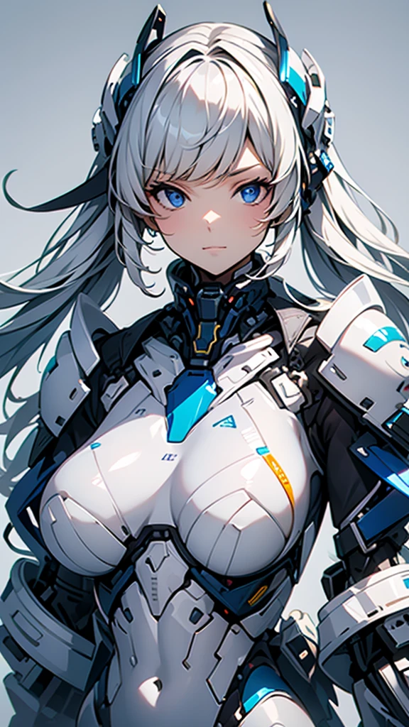 White solid color background、looking at the camera、masterpiece、Highest quality、Shiny body、Upper Body、Large Breasts、Big Ass、Android、Body line emphasis、Blue suit