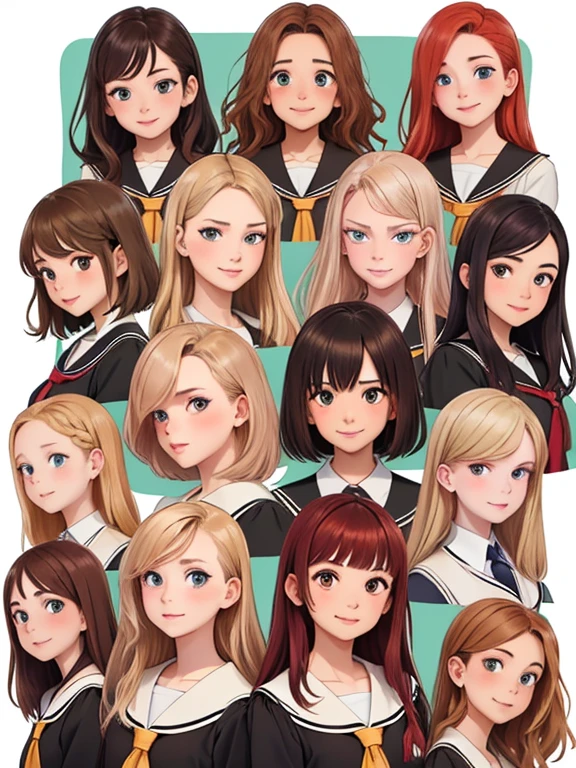 (Best quality, masterpiece), group photo of eight very different beautiful students, different emotions, Free postures, Different hair colors(among them there is always 1 redhead, 3 blondes, 2 brown-haired and 2 brunettes), different hairstyles, different hair lengths, different eye colors, Different physiques, there is always one brunette Asian, graduation photo album, beautiful faces, upper body