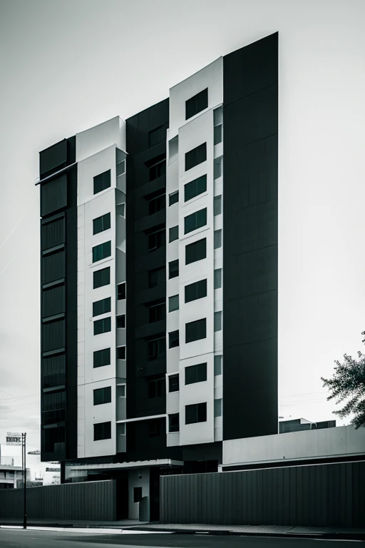 conceptual building image, in black and white , use minimalist lines, add green areas in color