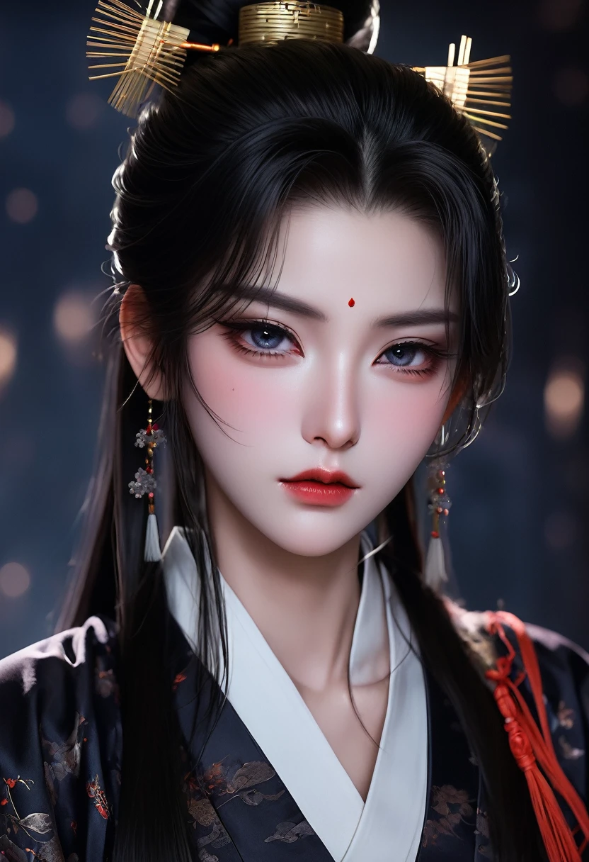 1 girl，Sexy，Black long hair，High Ponytail，Hair shine，Skin details，Beautiful facial features，Exquisite makeup，Exquisite eyes，Eye details，Dark eyeshadow，small freckles，Plain Hanfu，Shoulder，arm