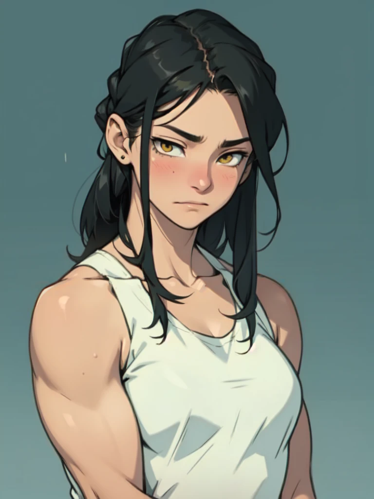 empty eyes embarrassed girl black hair yellow eyes pale skin muscular girl