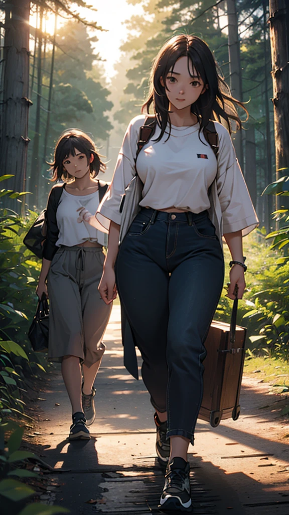 A beautiful couple, a girl wearing short clothes and big hips, is collecting wood in the forest. The sunset is happening.