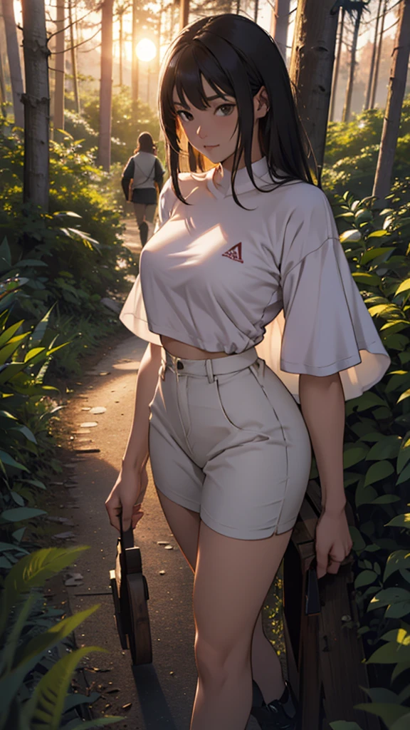 A beautiful couple, a girl wearing short clothes and big hips, is collecting wood in the forest. The sunset is happening.