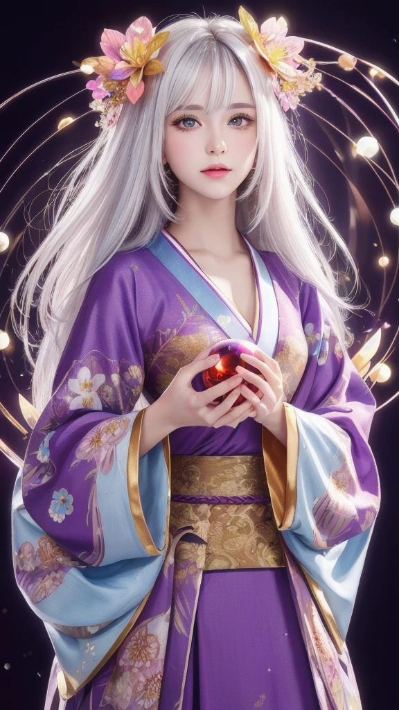 (Masterpiece: 1.3), (8k, photorealistic, raw photo, highest quality: 1.4), (single woman), beautiful face, (realistic face), (long hair), (silver hair, almost white hair, shiny hair, beautiful straight hair), (even bangs), (sharp bangs), straight hairstyle, realistic eyes, beautiful detailed eyes (purple eyes), (sharp eyes), (realistic skin), beautiful skin, (kimono), (magician's kimono), (flower hair ornament), attractive, ultra high resolution, ultra realistic, high definition, golden ratio, colorful background, (flowers blooming), (energy dancing background, flashy background, so many hearts background), magician, looking forward, looking straight ahead, looking forward, eyes meeting, looking straight ahead, looking at you, holding a crystal ball, (heart crystal ball, love crystal ball). Anatomically correct, highest quality, accurate, high resolution, looking forward,