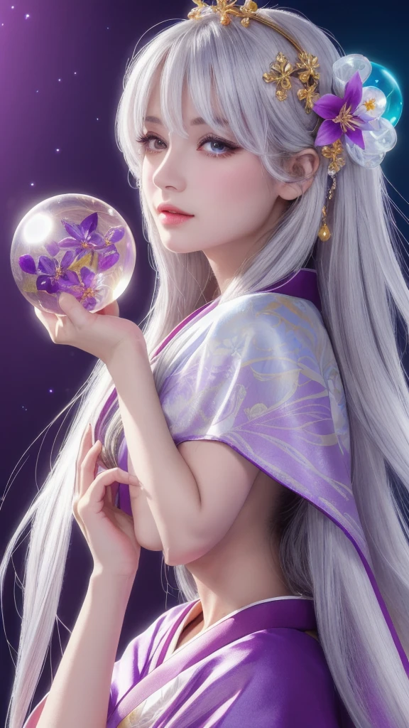(Masterpiece: 1.3), (8k, photorealistic, raw photo, highest quality: 1.4), (single woman), beautiful face, (realistic face), (long hair), (silver hair, almost white hair, shiny hair, beautiful straight hair), (even bangs), (sharp bangs), straight hairstyle, realistic eyes, beautiful detailed eyes (purple eyes), (sharp eyes), (realistic skin), beautiful skin, (kimono), (magician's kimono), (flower hair ornament), attractive, ultra high resolution, ultra realistic, high definition, golden ratio, colorful background, (flowers blooming), (energy dancing background, flashy background, so many hearts background), magician, looking forward, looking straight ahead, looking forward, eyes meeting, looking straight ahead, looking at you, holding a crystal ball, (heart crystal ball, love crystal ball). Anatomically correct, highest quality, accurate, high resolution, looking forward,