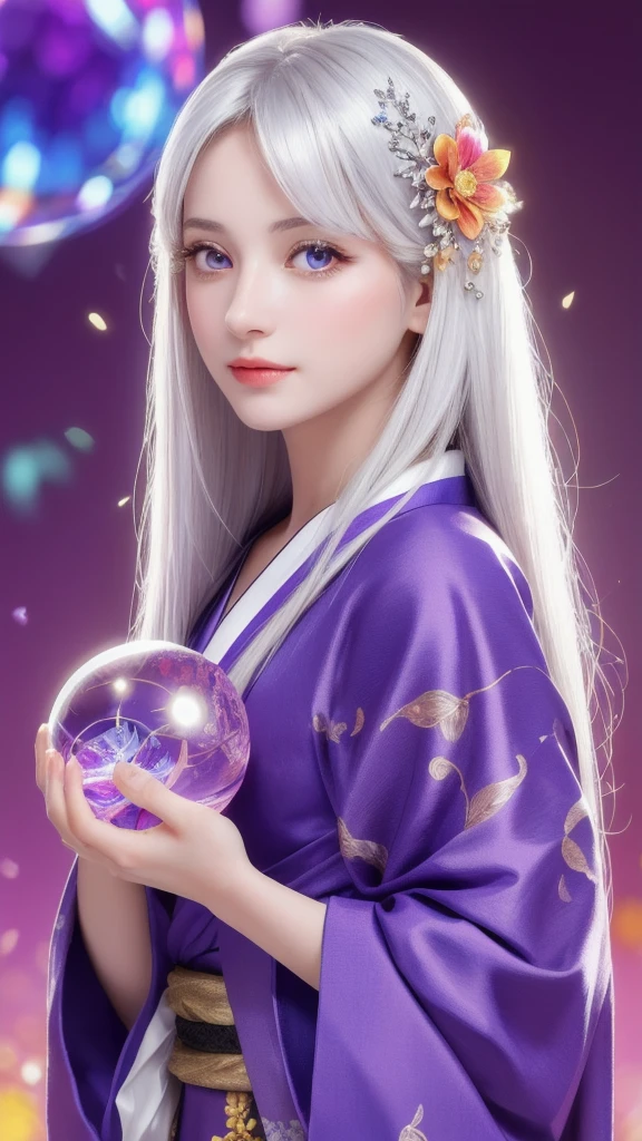 (Masterpiece: 1.3), (8k, photorealistic, raw photo, highest quality: 1.4), (single woman), beautiful face, (realistic face), (long hair), (silver hair, almost white hair, shiny hair, beautiful straight hair), (even bangs), (sharp bangs), straight hairstyle, realistic eyes, beautiful detailed eyes (purple eyes), (sharp eyes), (realistic skin), beautiful skin, (kimono), (magician's kimono), (flower hair ornament), attractive, ultra high resolution, ultra realistic, high definition, golden ratio, colorful background, (flowers blooming), (energy dancing background, flashy background, so many hearts background), magician, looking forward, looking straight ahead, looking forward, eyes meeting, looking straight ahead, looking at you, holding a crystal ball, (heart crystal ball, love crystal ball). Anatomically correct, highest quality, accurate, high resolution, looking forward,