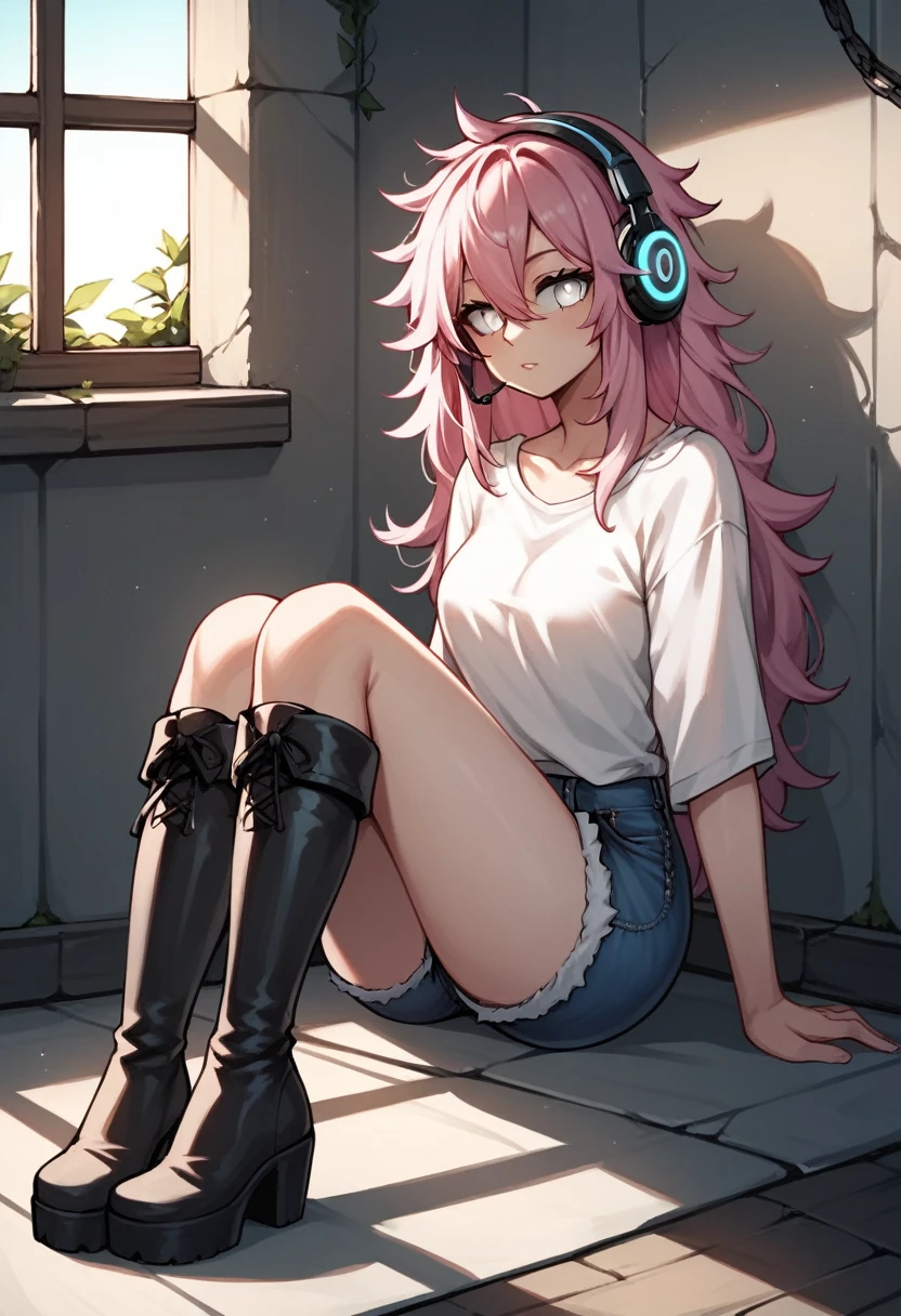 score_9, score_8_up, score_7_up, score_6_up, score_5_up, score_4_up, source_anime, 1woman, sexy face, sit, pink hair, long hair, white eyes, croosed legs, messy hair, white shirt, jeans shorts, black thigh high boots, platforms, day, windows, headphones, dungeon, best quality, best res, 4K UHD,