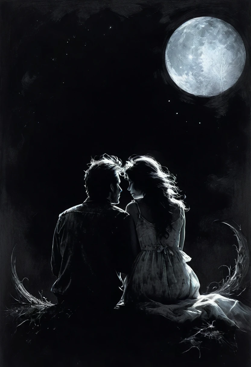 Ashley Wood style, chemiluminescence. (animation. a couple in love sits hugging and looking at the night sky, crescent moon, Night, 1 moon, Romance, fairytale background) (Minimalism: 1), tracing details... Style by Stephen Gammell.