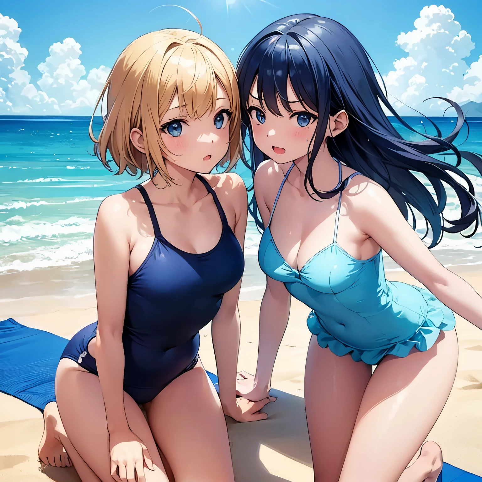 A blue summer sky, a wide sandy beach, two girls in swimsuits, getting along well, a girls' manga style illustration, a ladies' comic style illustration, a situation like a magazine photo,