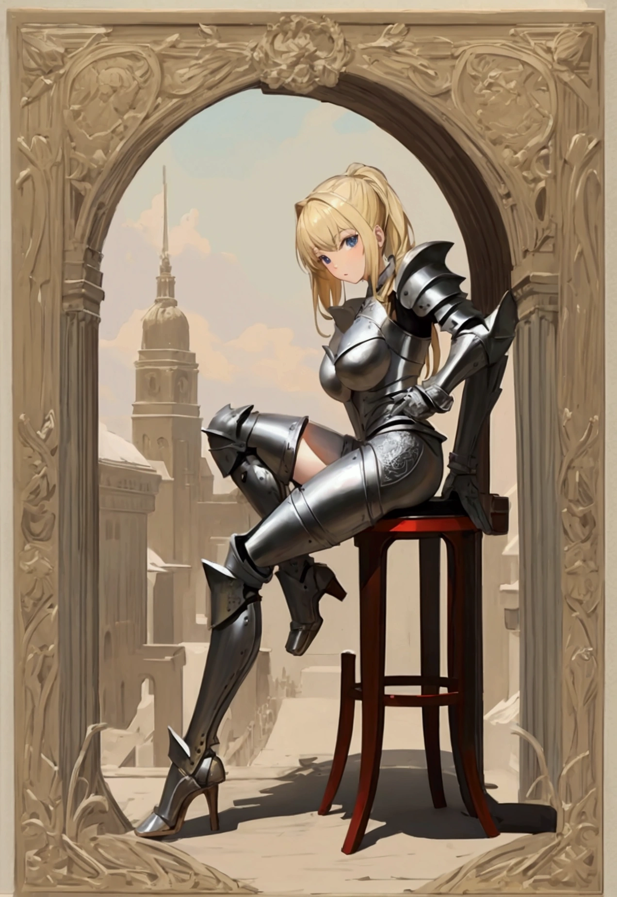 Blonde in armor climbing on a stool