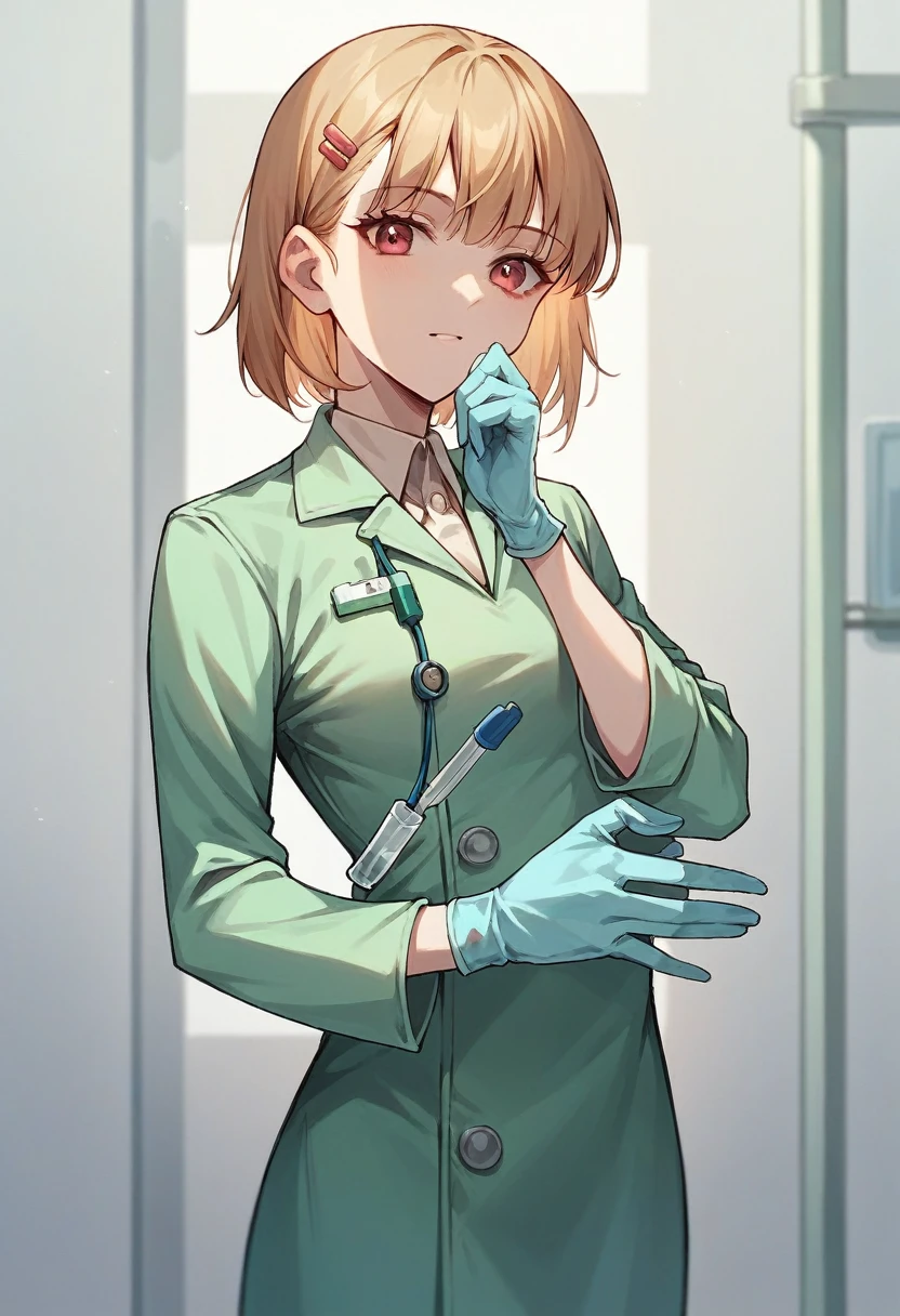 1girl, bangs, ((blue surgical gloves)), ((surgical gloves)), ((latex gloves)), ((((long sleeves)))), looking at viewer, ((green doctor outfit)), standing, solo