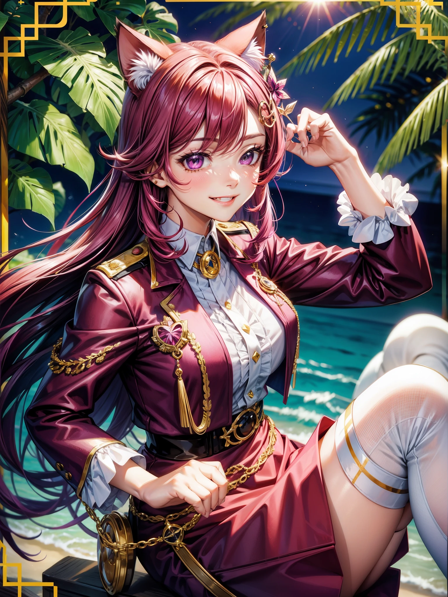 Magenta hair, hazel eyes, older woman, uniform clothes, hair jewel ornament, cat ears, long hair, smiling face,  tropical  background 