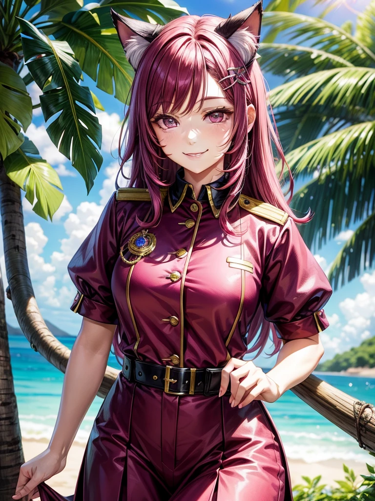 Magenta hair, hazel eyes, older woman, uniform clothes, hair jewel ornament, cat ears, long hair, smiling face, tropical background