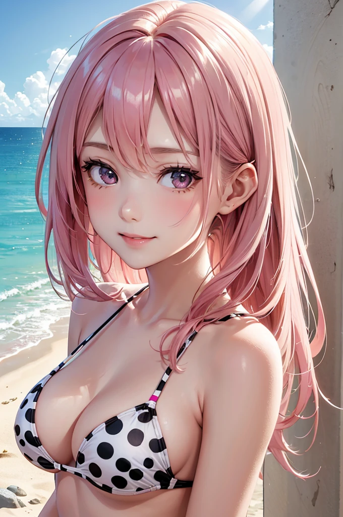 Best Quality,High resolution,8k,finelity detailed background,Masterpiece:1.2),beautiful girl,Shiny pink hair,messy hair,Pink eyes,Gentle look,A refreshing look,smile,Best quality,Best Quality,Aesthetic and aesthetic:1.2,Best details((Super detailed))(High-definition CG illustrations),string bikini,(polka monotone pattern dot bikini),Slender body,Ocean,beach,Daytime,Light of the sun,smile,blush,cute,Scrounge,Looking up,Being spoiled,super model,shoot from,below