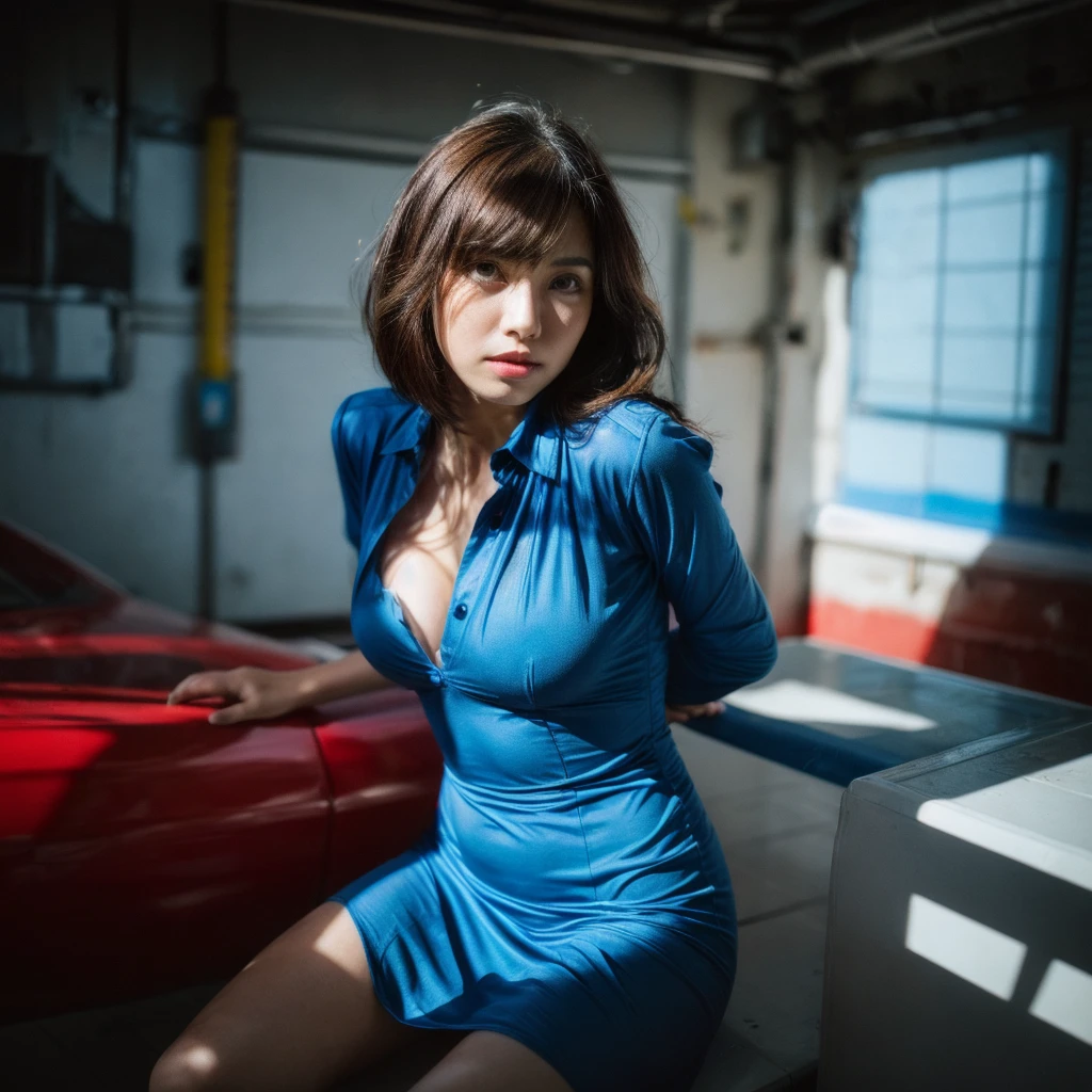 (full-length shot:1.2), (Best quality:1.5), blue sky, (lens flare:1.2), 23y, 1girl, indonesian, (big breast), (red summer dress), (cute face:1.4), wavy short hair blowing in the wind, (bangs:1.2) dramatic sexy posing in futuristic garage with neon light, dramatic moment, kodacrhome, cinematic lighting, beautiful shadow and sunlight expossure, aesthetic, ultra highres, sharp focus, highly detailed, realistic face and skin, surreal view, shot by eos c with 35mm lens f2.0, (angle shot fom below:1.3), Portrait by annie leibovitz, perfect anatomy, perfrect object