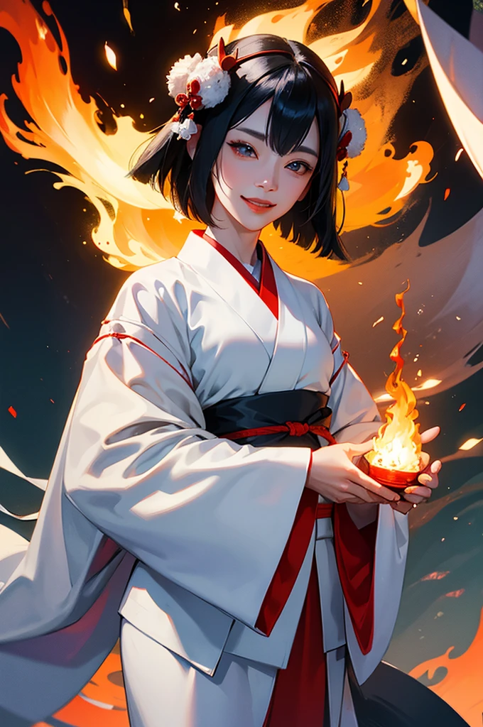 A beautiful woman in a white kimono, smiling fearlessly, as a Japanese onmyoji holds a talisman and manipulates fire