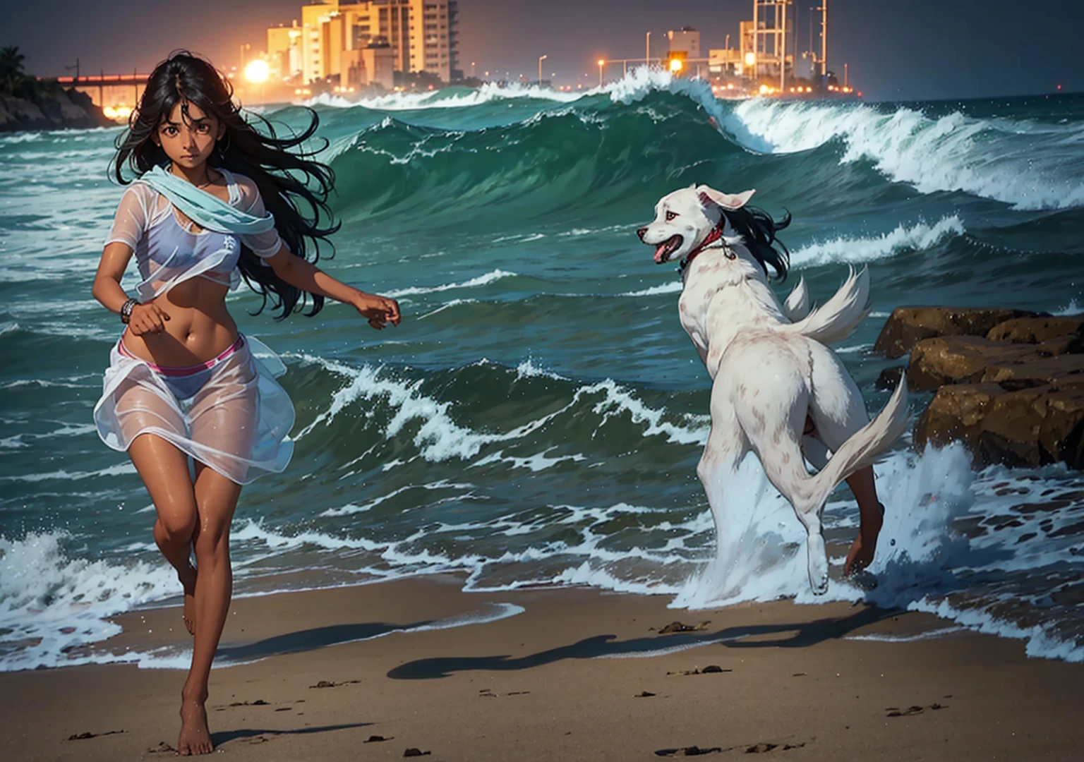 Priya running frantically on the beach at night, looking over her shoulder as if being chased. Ghostly dogs can be faintly seen in the shadows.