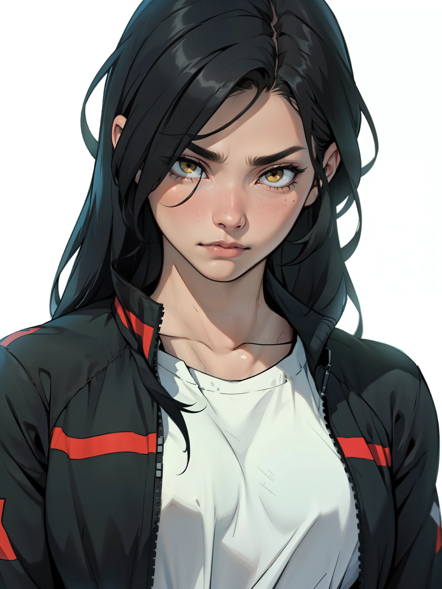 empty eyes embarrassed girl black hair yellow eyes pale skin muscular girl