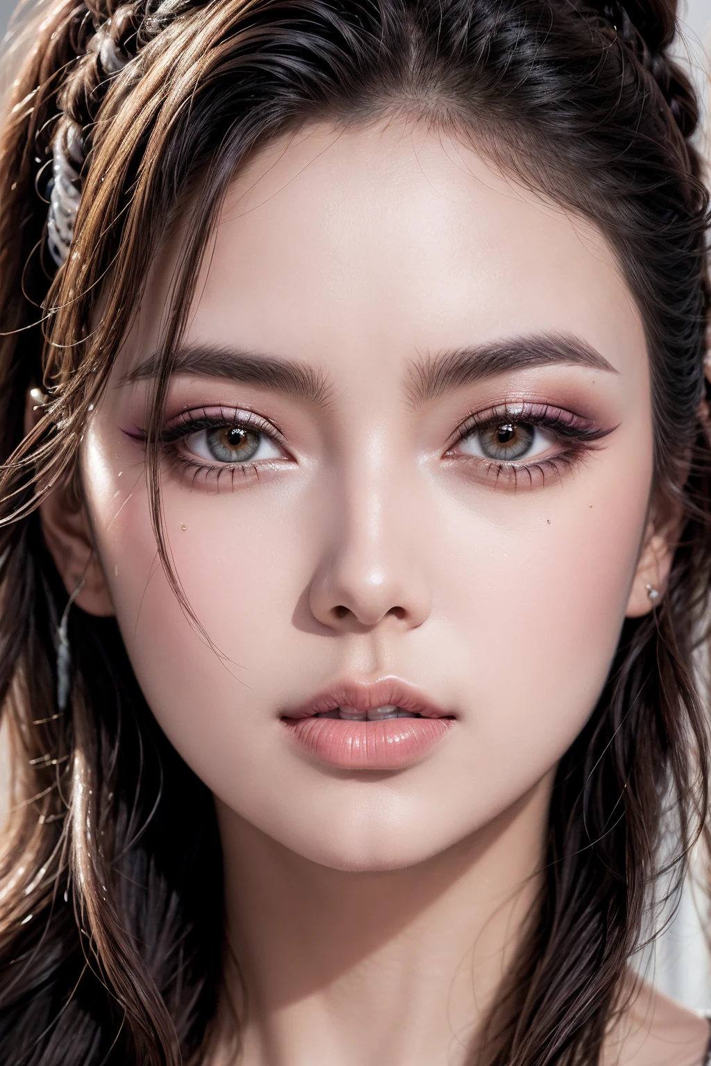 ((portrait)) a cute 1 woman:1.4, 20 years old, photorealistic Realism 8K quality (Ultra high resolution Realistic eyes clear, sharp, absurd quality, not blurry), \[face:makeup|color][eyes:brown:1.3][long eyelashes:blue:1.28][perfect shadows for eyelids:pink:1.35][glossy lipstick:red:1.3], (super detailed professional makeup on eyes:1.4), perfect composition, [soft neon lighting on the face and body],perfect proportions,(anatomically correct),(perfect female body:1.3),(firm normal full breasts),slim face,beautiful cheekbones,(slim-muscled body:1.3),(Super beautiful face),(realistic face),(highly detailed face:1.3), finely details face,finely quality eyes,(tired and sleepy and satisfied:0.0) with a digital rendering) final details[perfect round eyes,pupils,double eyelid]. \{Proportions are based on a 7.5 head scale}.