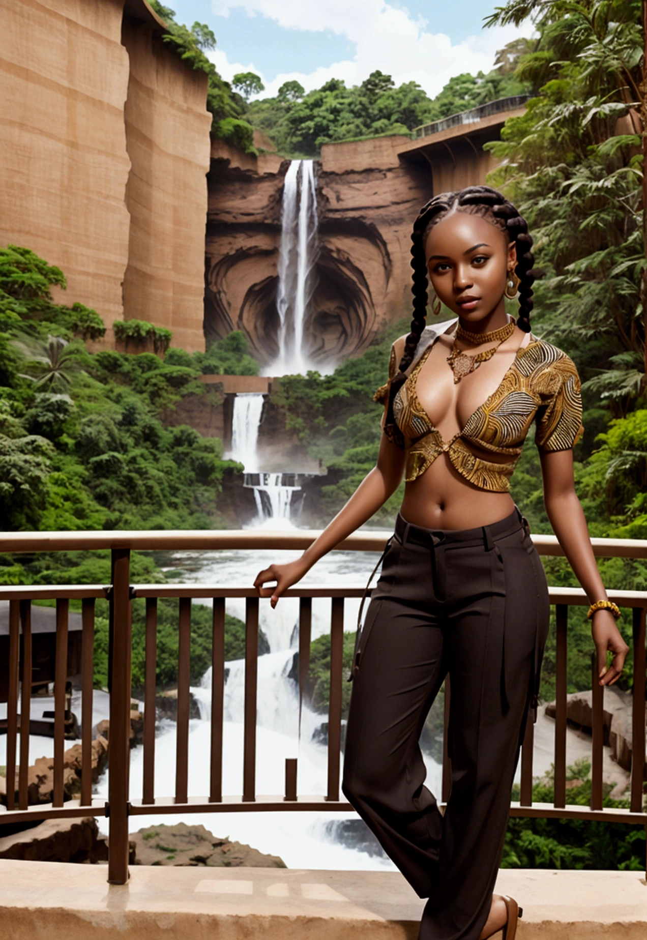 Beautiful 22 year old East African woman with frame and small perky breasts standing and posing on a bridge with a waterfall in the background, long blouse, pants, African jewelry, braids, dark brown skin, full-body portrait hyperrealism