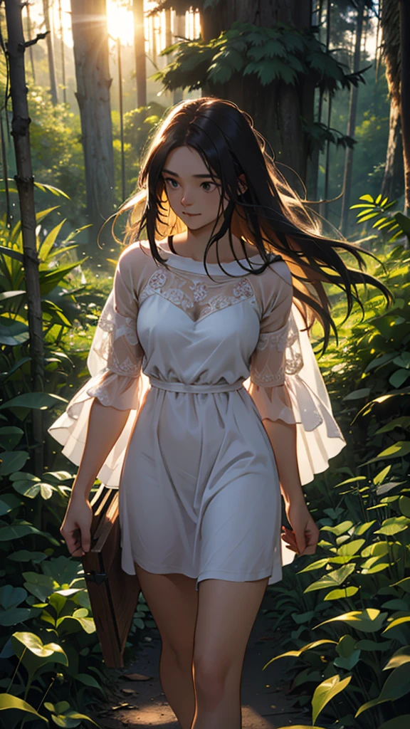 A beautiful young woman with long hair and a short dress, her male companion wearing casual clothes, collecting wood in a lush forest, warm sunset