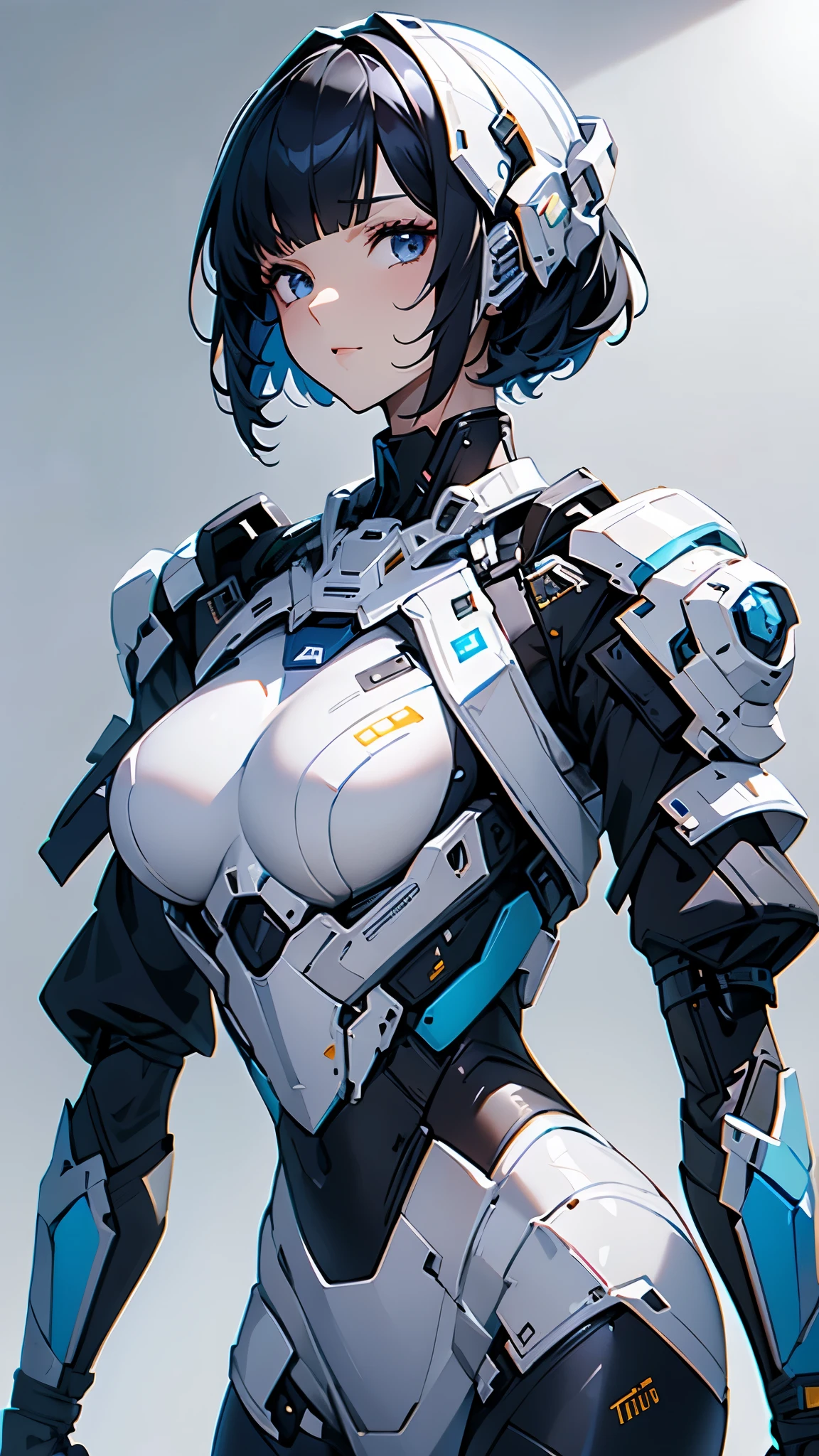 White solid color background、looking at the camera、masterpiece、Highest quality、Shiny body、Upper Body、Moderate bust、Big Ass、Android、Body line emphasis、Blue suit、Black Hair、Bobcut
