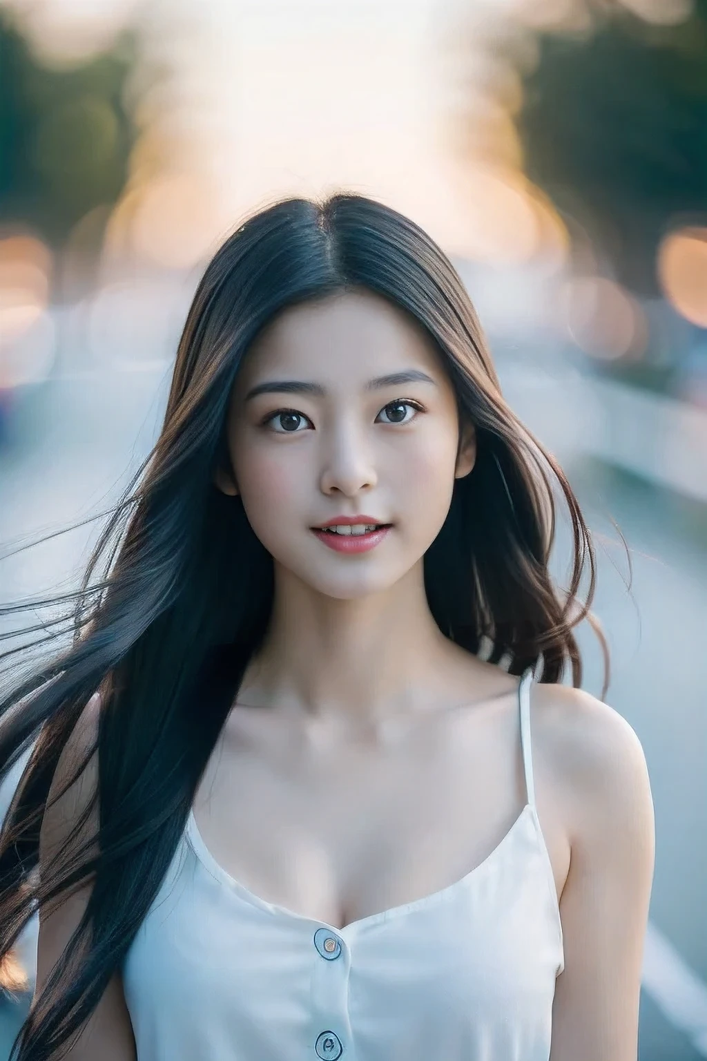 ( (in 8K:1.27)、top-quality、masterpiece、超A high resolution:1.2) ,(A cute Japanese woman, (Beautiful fece:1.3) )、1girl in、High School 、sideways Facing、run、perspiring、pier、Refreshing breeze、Fluttering hair、Dark hair、Black eyeedium breasts,Hurry、morning、