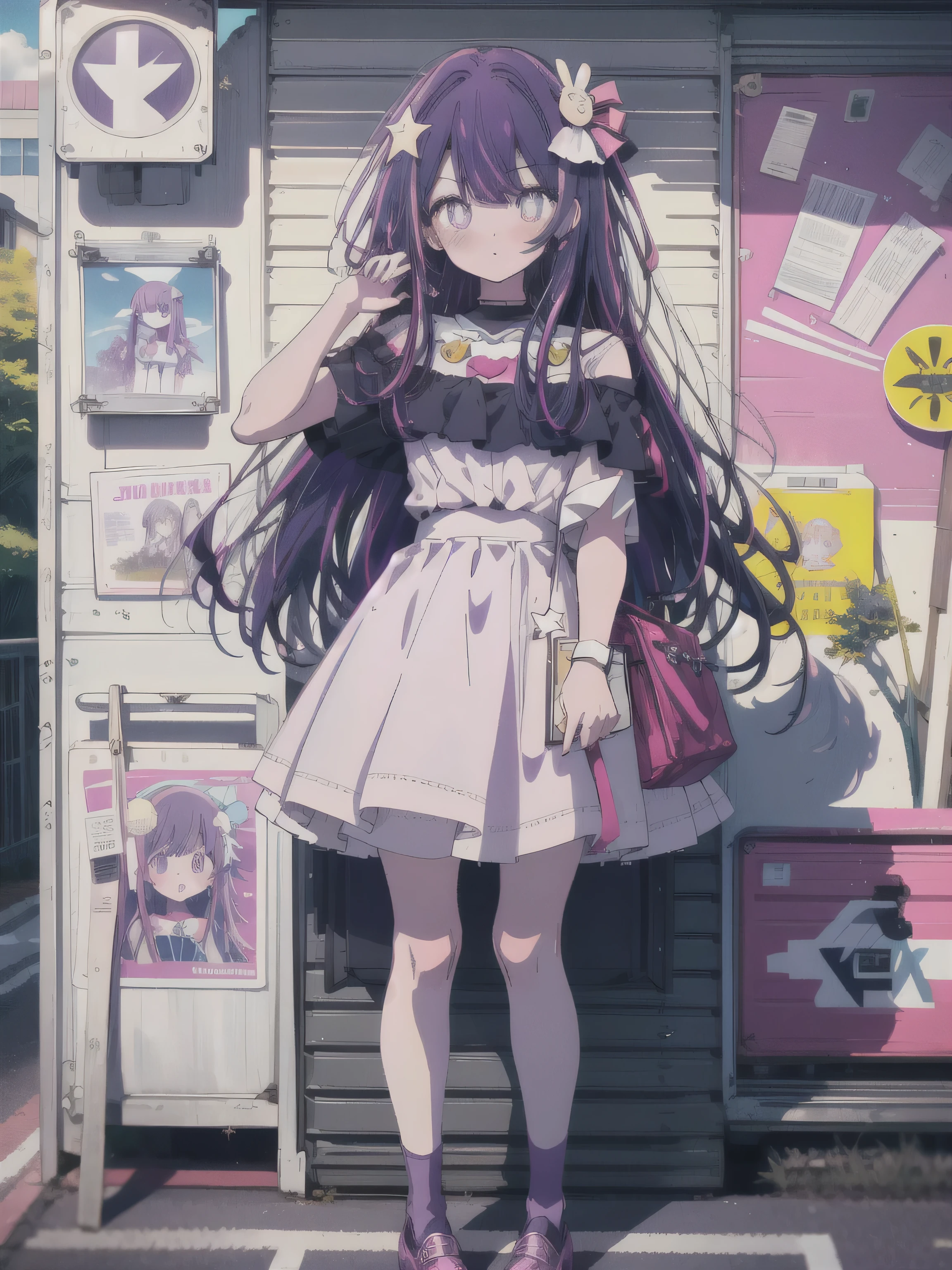 1girl, solo, hoshino ai, short sleeves, purple hair, (star-shaped pupils), long hair, bangs, looking at viewer, yellow footwear, road sign, outdoors, summer, trees, sunshine, sleeveless mini dress, bare shoulders, absurdres, 16k, masterpiece, best quality,